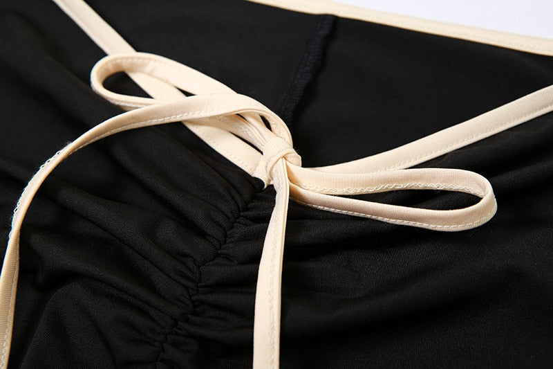Black Ribbon Tie-Up Top And Pants Two Piece Set