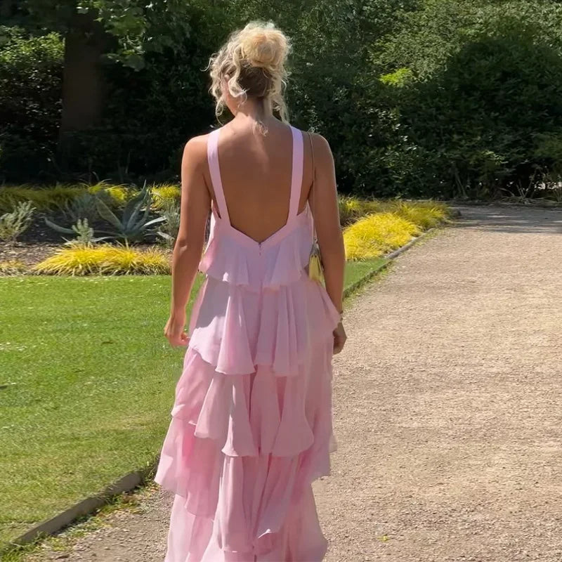 Pink Pleated Halter Maxi Dress