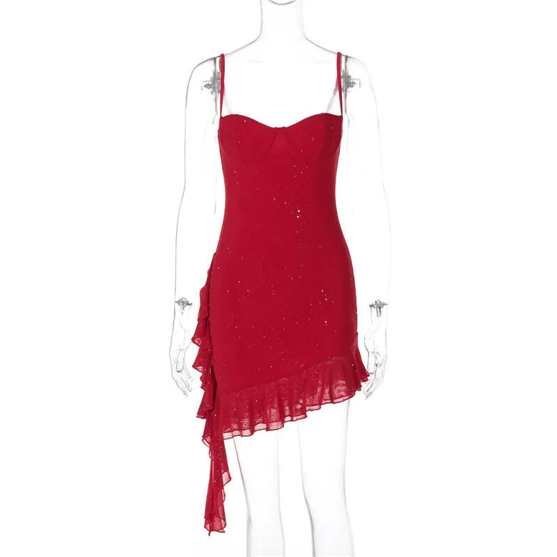 Red Sequin Ruffle Cami Mini Dress