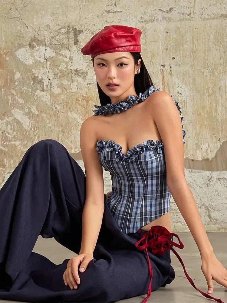 Blue Plaid Print Ruffled Edges Top