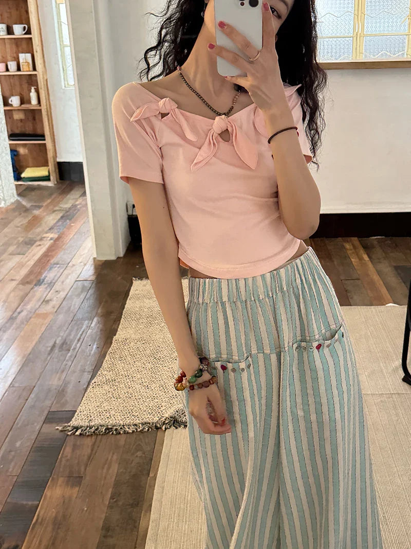 Blue Striped Wide Leg Pants