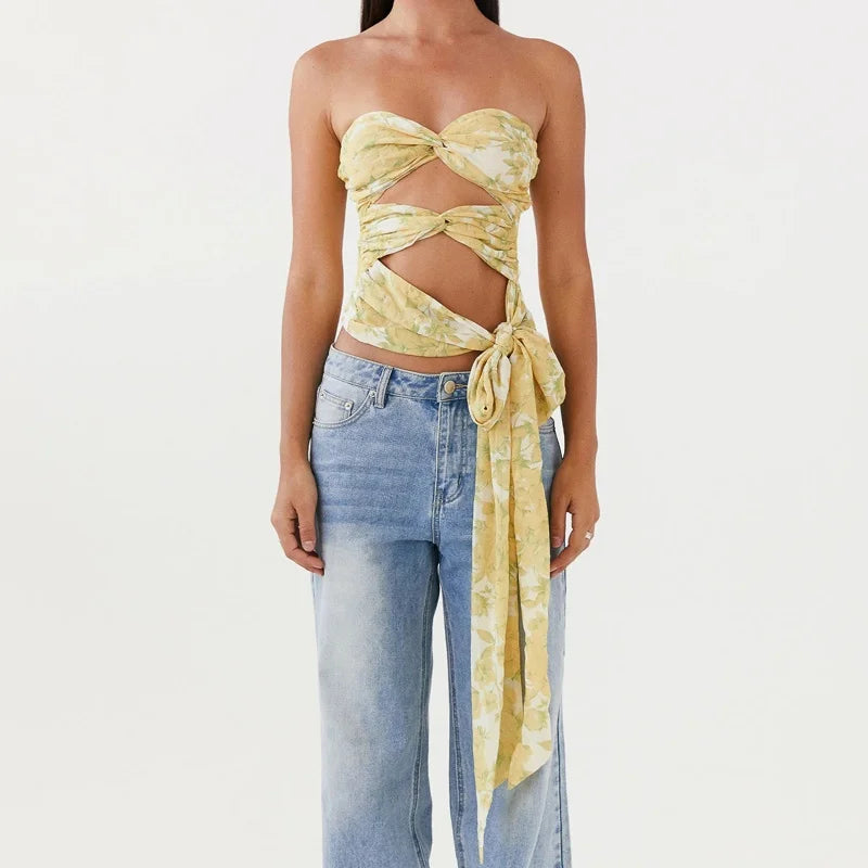 Edgy Strapless Cutout Crop Top - Contemporary Tie-Detail Bandeau