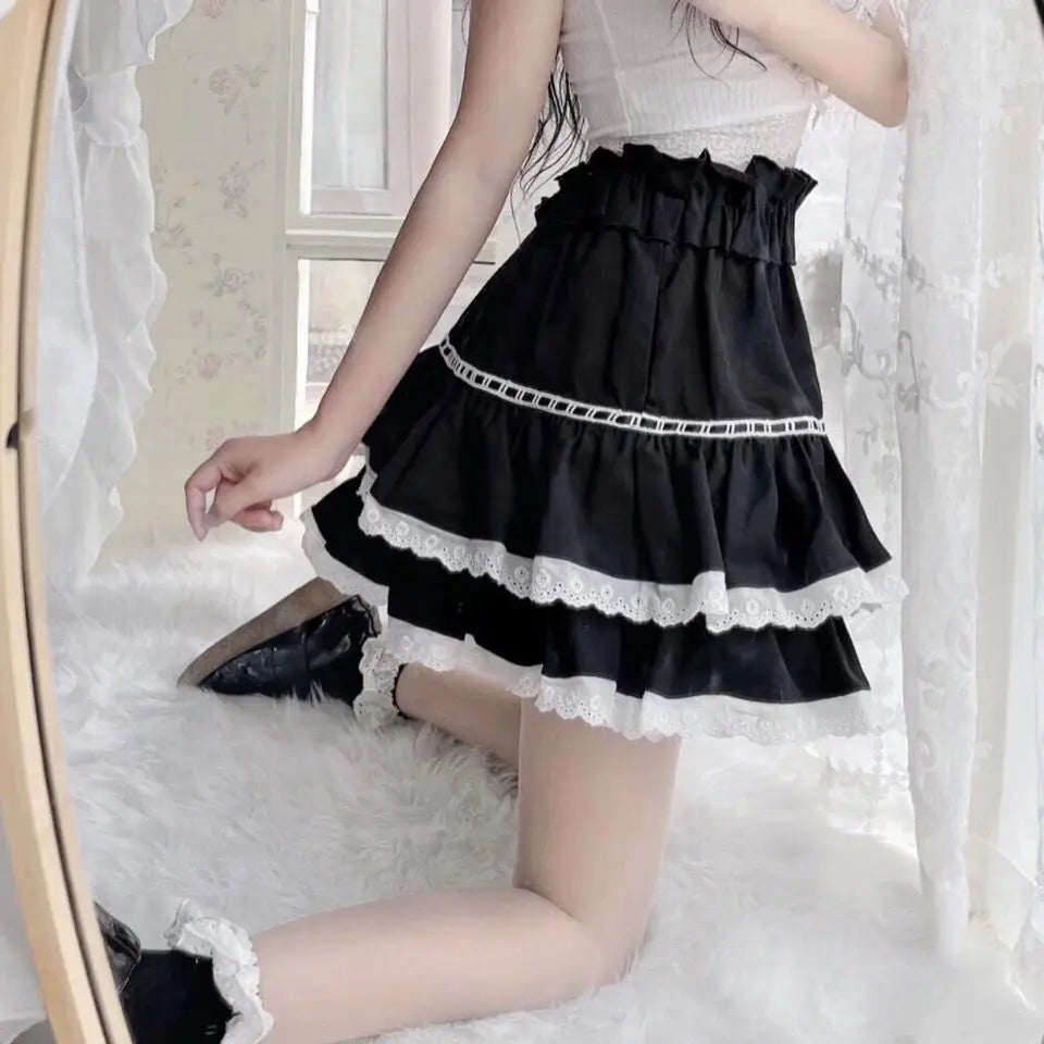 Black Lace Trim Ruffles Mini Skirt