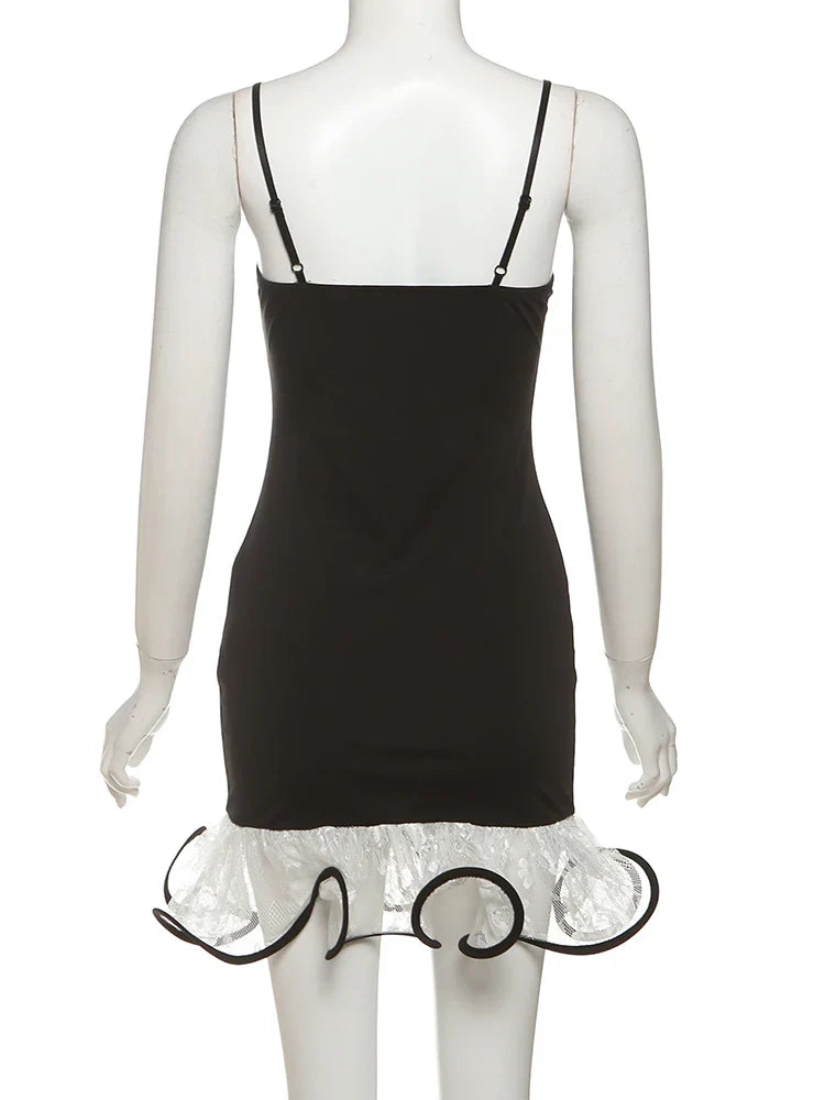 Black Solid Cami Lace Frill Trim Mini Dress