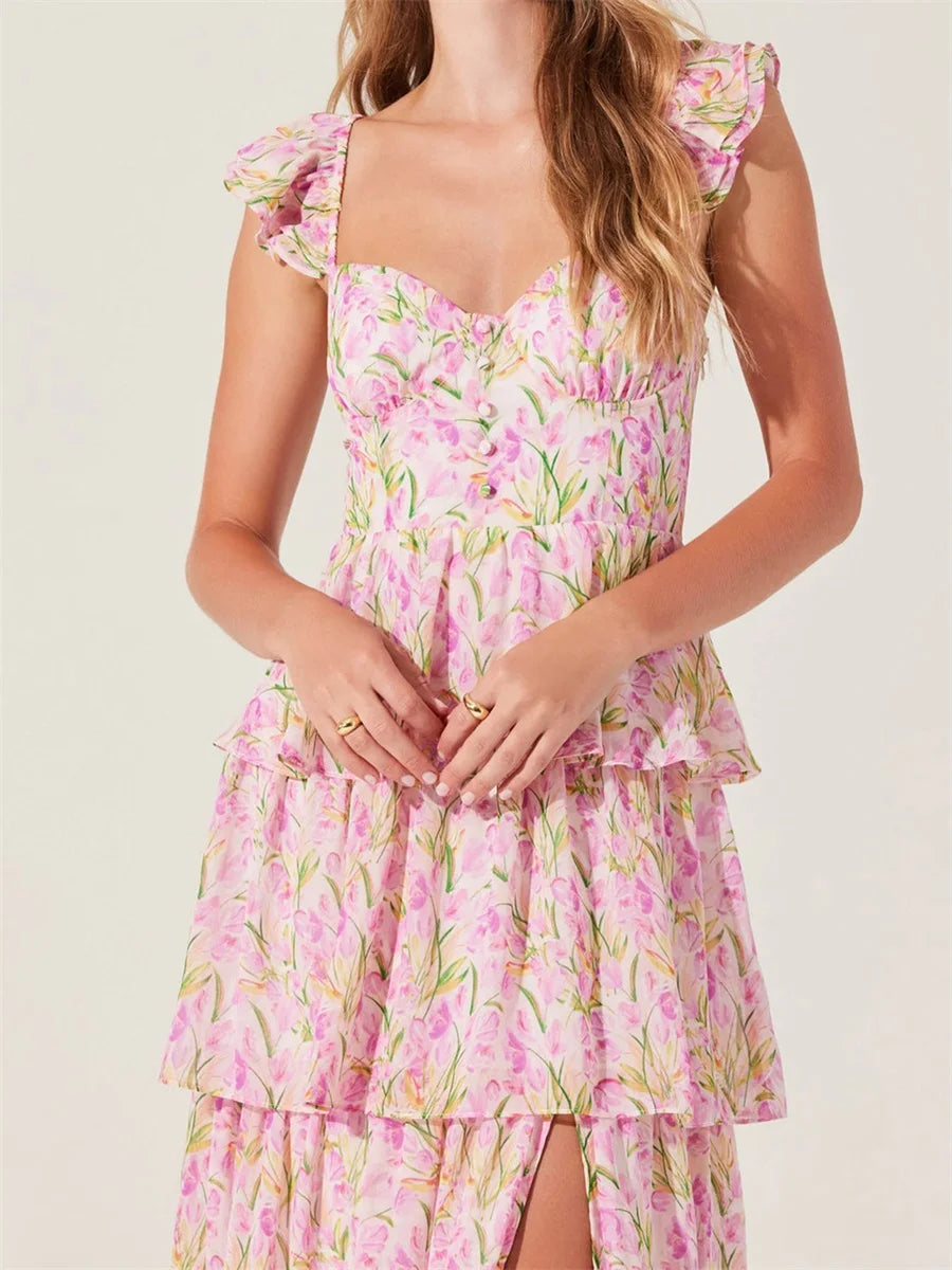 Floral Print Multi-Layered Tiered Ruffles Maxi Dress