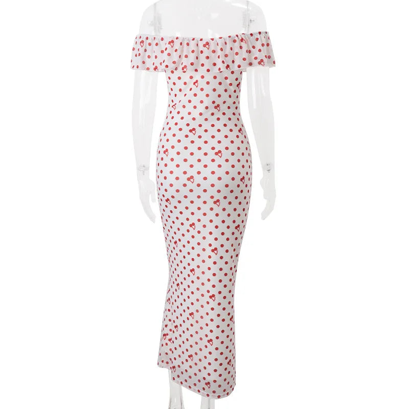 Red Off Shoulder Ruffled Polka Dot Printed Maxi Dress