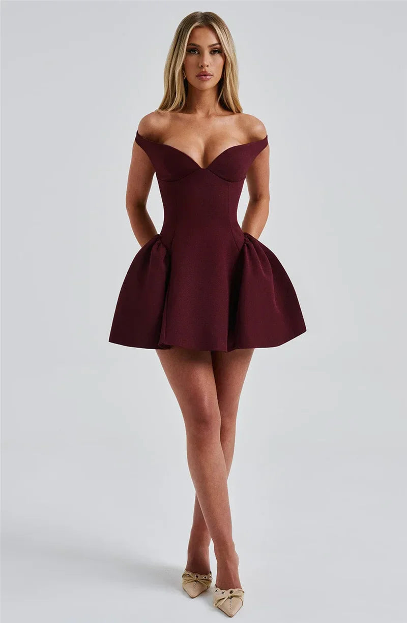 Burgundy Off-shoulder Mini Dress