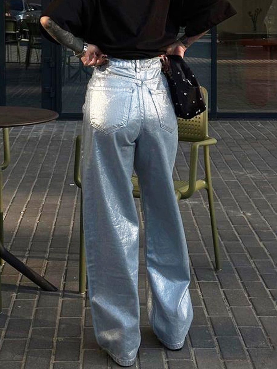 Metallic High Waist Denim Straight Leg Pants