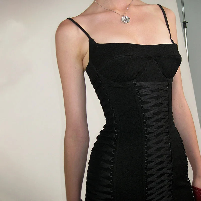 Black Lace Up Bodycon Strap Mini Dress