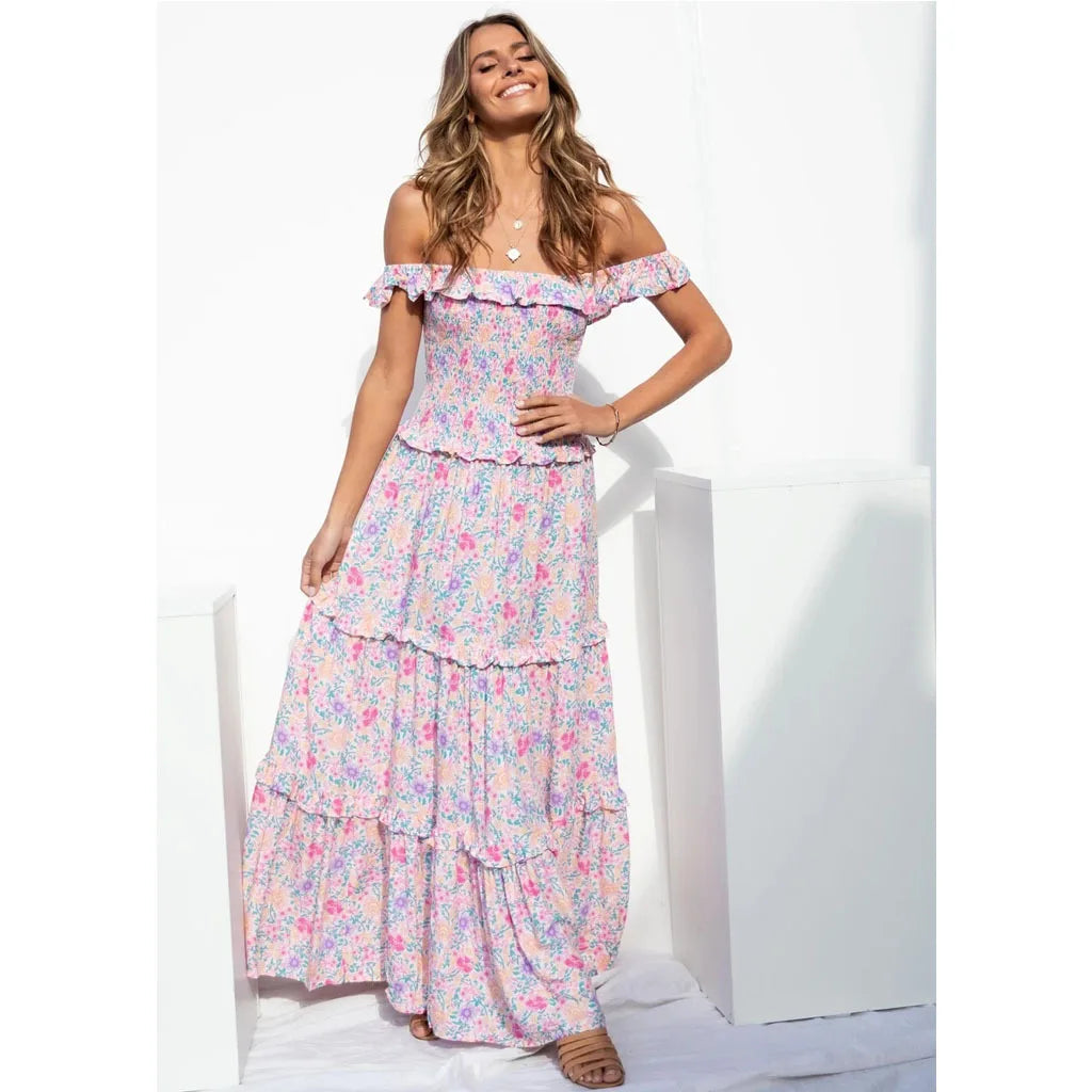 Flowers Print Off Shoulder Long Dress