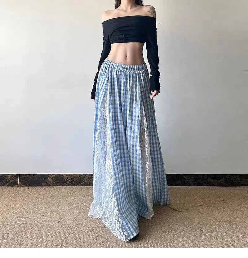 Blue Lace Patchwork Plaid Long Skirt
