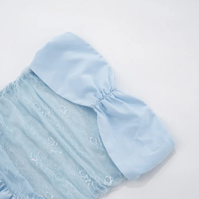 Blue Lace Mesh Tube Mini Dress - A-Line Slim Fit