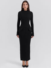 Black Long Sleeve Solid Mock Neck Maxi Dress