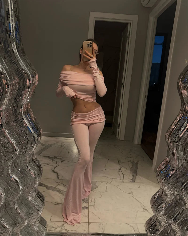 Long Sleeve Off-Shoulder Top And Ruched Pants Set
