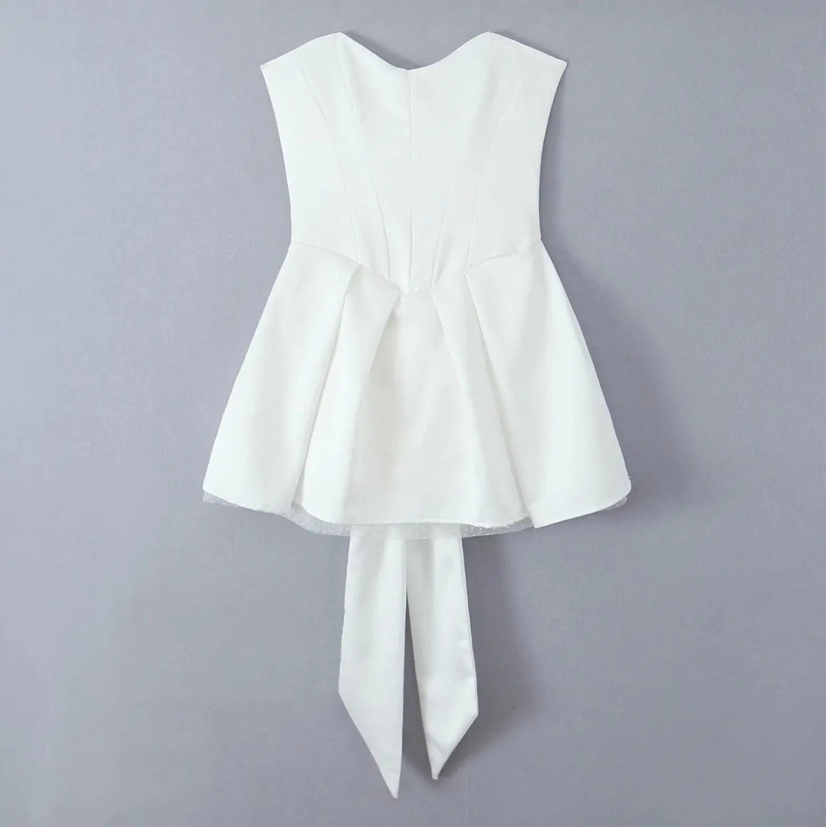 White Satin Tulle Back Bow Mini Strapless Dress