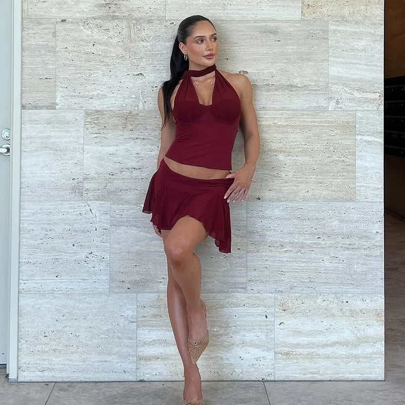 Strapless Ribbon Scarf Top And Mini Skirt Set