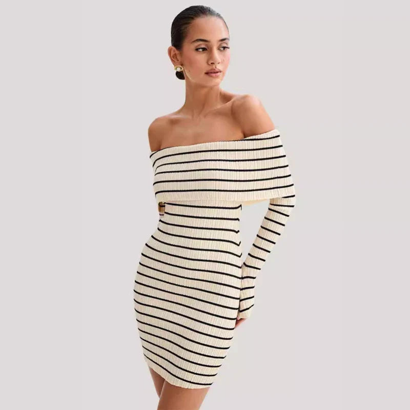Striped Long Sleeve Knit Off-Shoulder Mini Dress