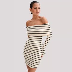 Striped Long Sleeve Knit Off-Shoulder Mini Dress