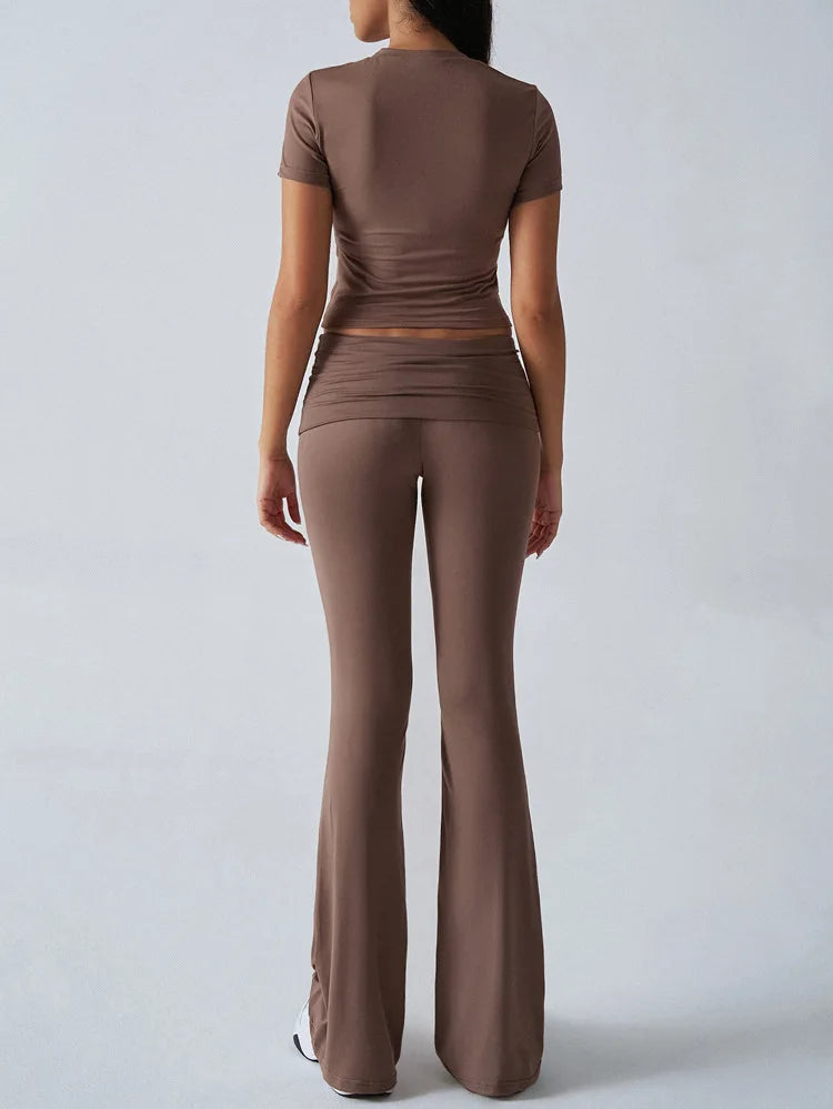 Slim Fit Two Piece Short Sleeve Top & Pant Set - Athleisure Workout Style