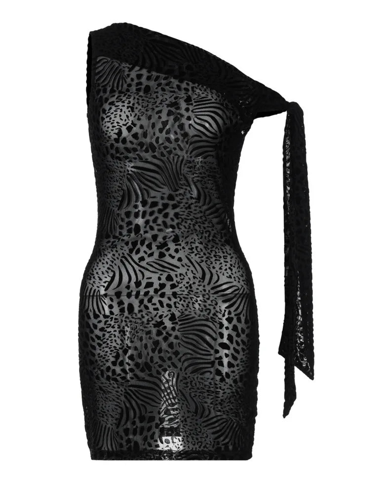 Black Mesh One Sleeve Tie Up Mini Dress
