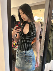 Black Polka Dot Cut Out Tie Up Top