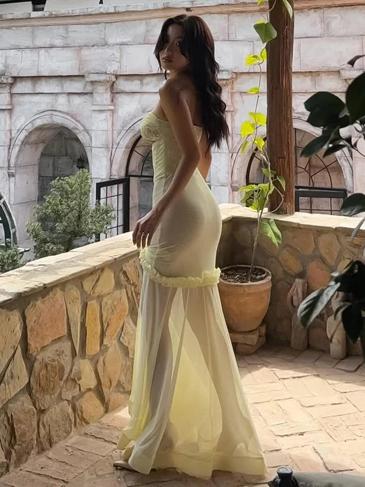 Strapless Cut Out Mesh Corset Ruffles Maxi Dress