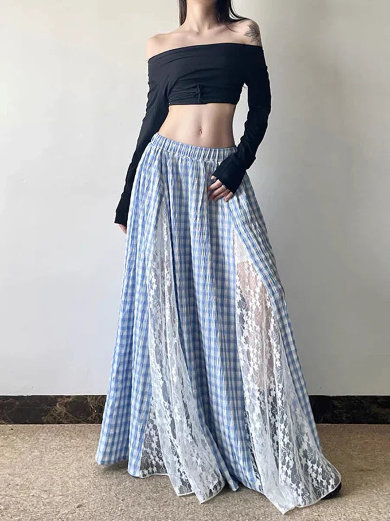 Blue Lace Patchwork Plaid Long Skirt
