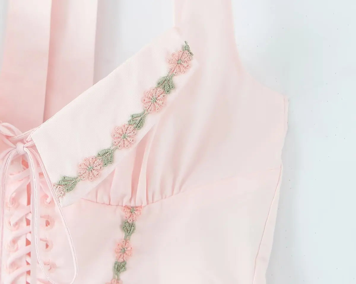 Pink Floral Embroidery Lace Up Halter Top