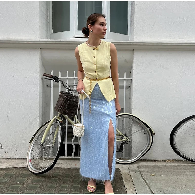 Blue Sequin Tube Top And Maxi Skirt