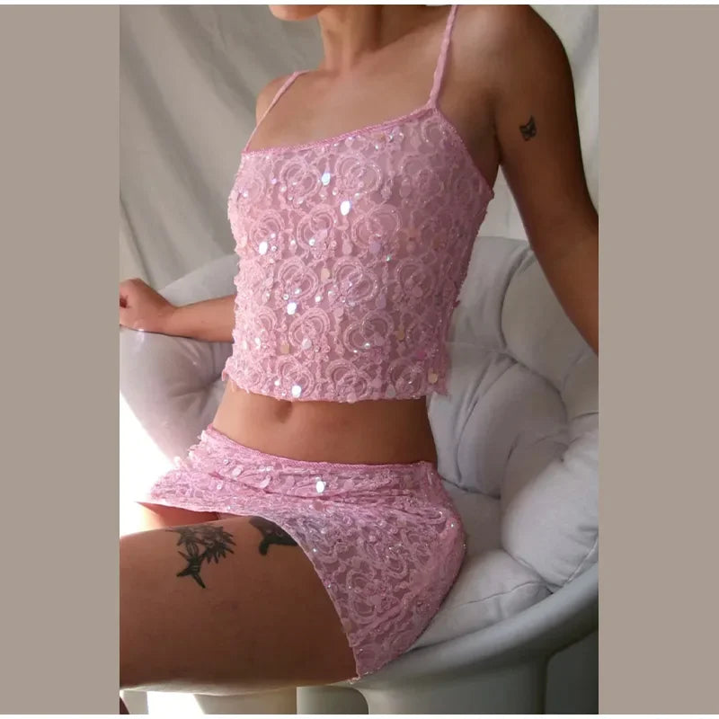 Sequins See Through Tank Top And Skirt Set