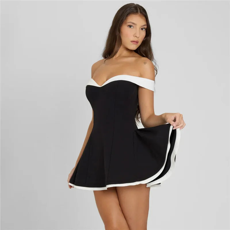 Black Flare White Off-shoulder Mini Dress