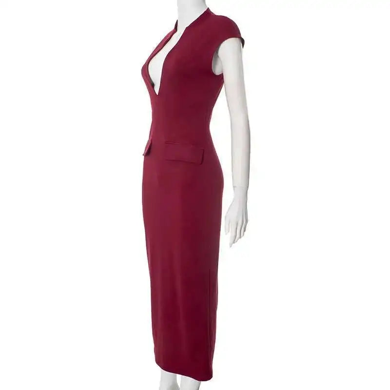 Deep Neck Short Sleeve Solid Midi Dress