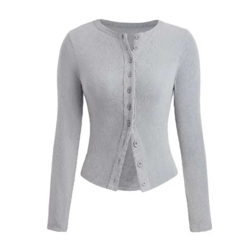 Ribbed Button Long Sleeve Top - Y2K Aesthetic