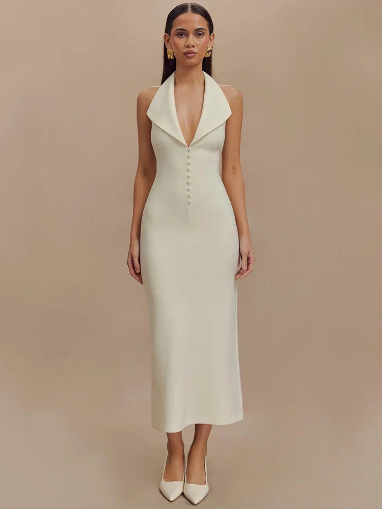 Deep Neck Large Collar Buttoned Halter Midi Dress