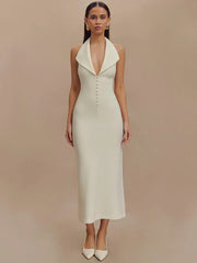 Deep Neck Large Collar Buttoned Halter Midi Dress