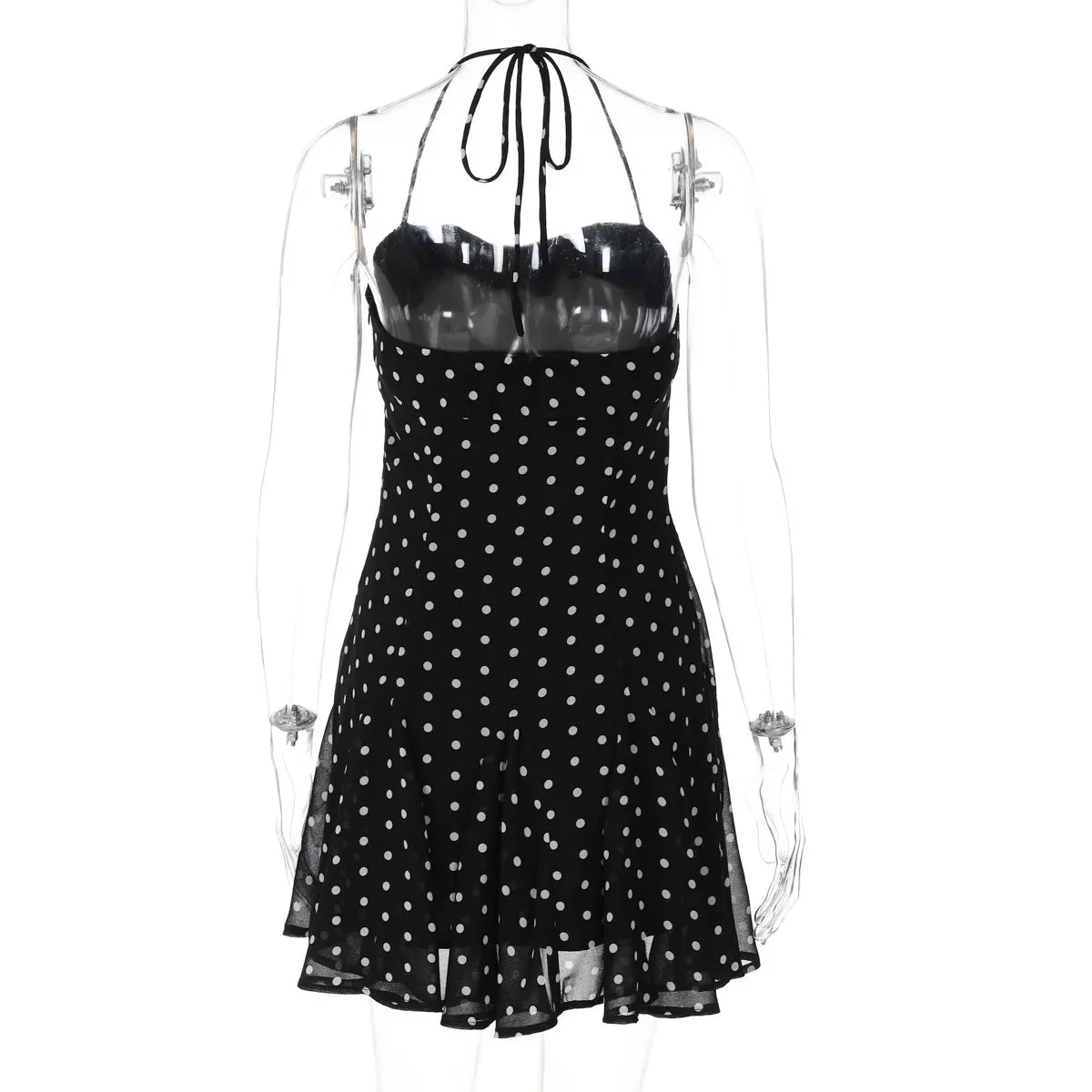 Black Polka Dot Halter Mini Dress