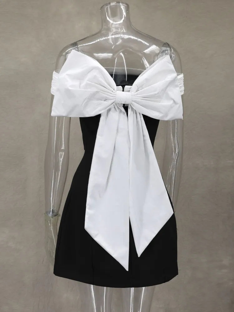 Black Off-shoulder Large Back Bow Mini Dress