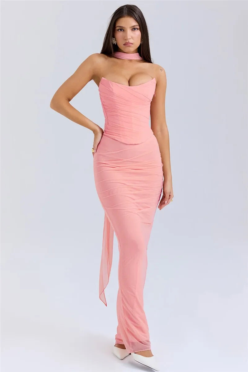 Corset And Bodycon Maxi Skirt With Neckerchief Set