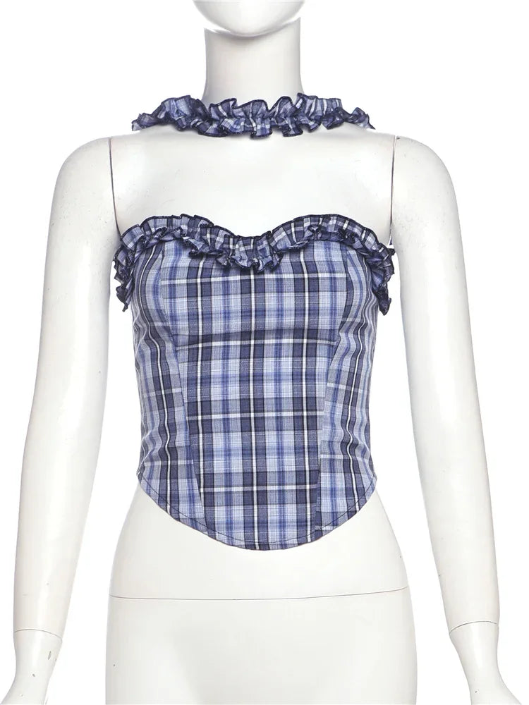 Blue Plaid Print Ruffled Edges Top