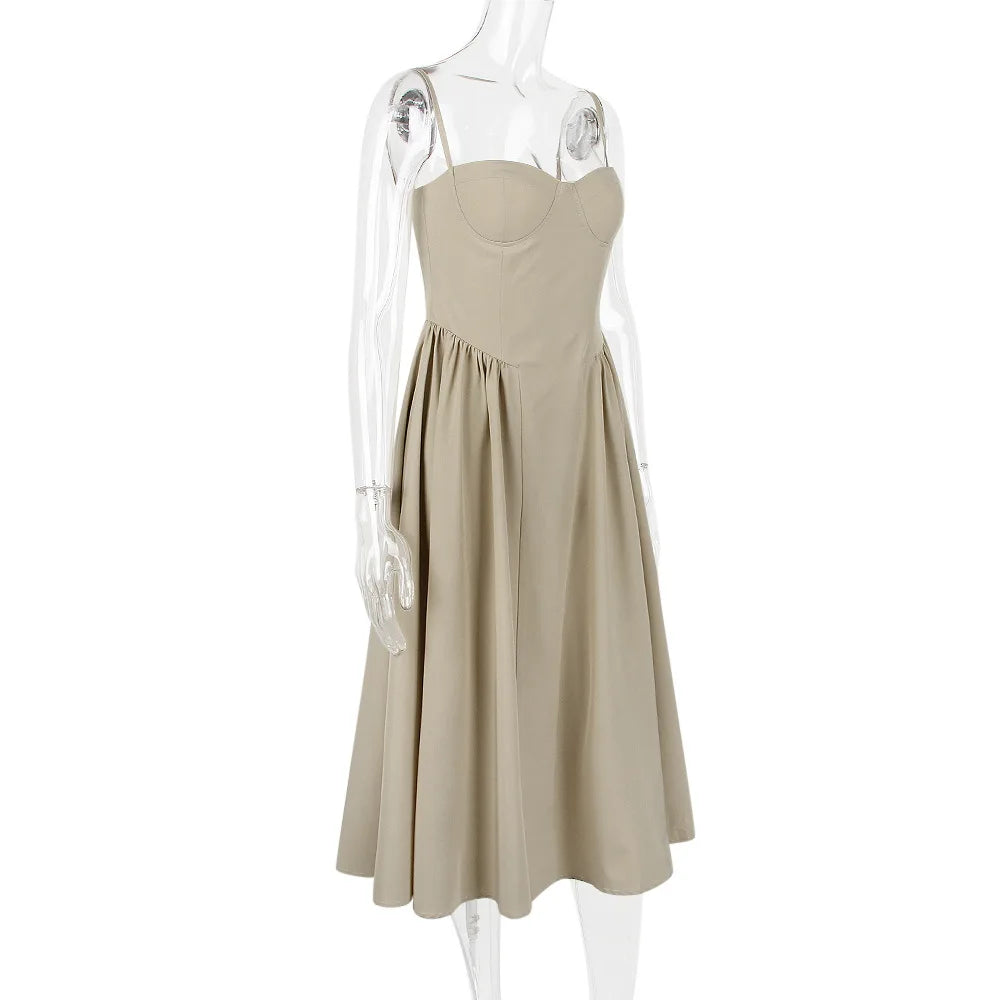 Solid Spaghetti Strap Bustier Pleated Midi Dress