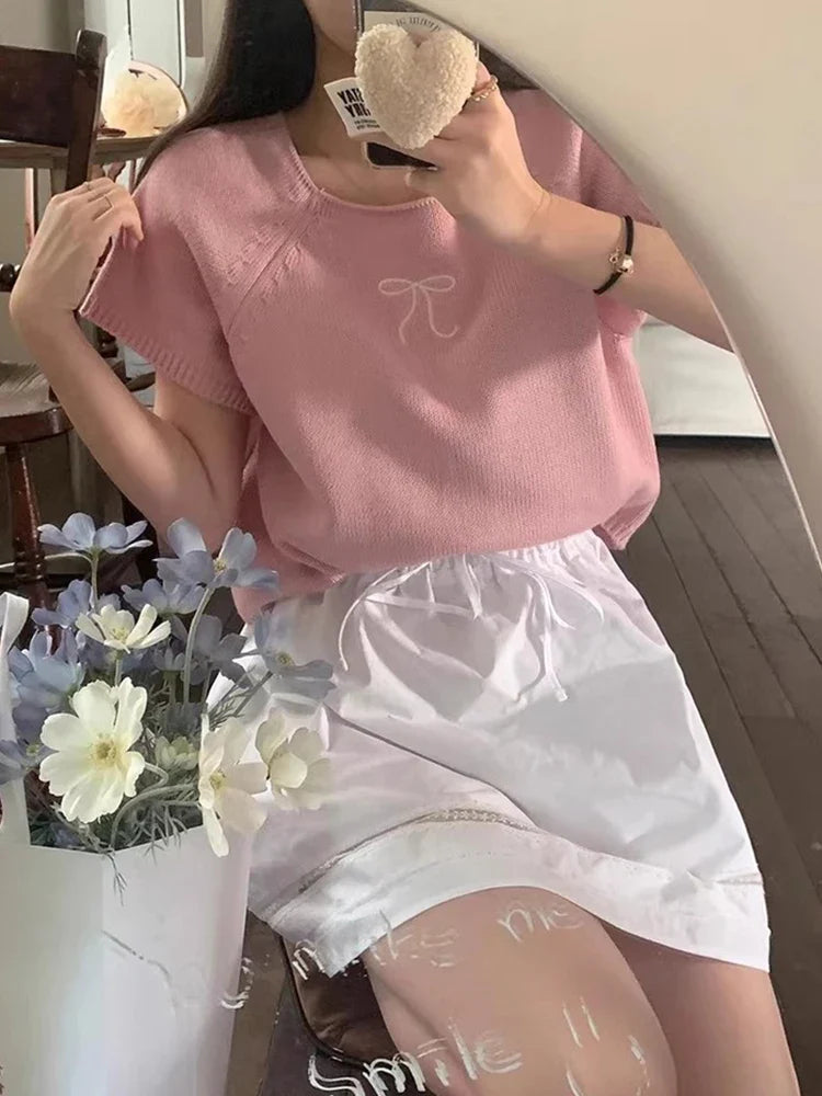 Round Neck Bow Print Short Sleeved Knitted Top