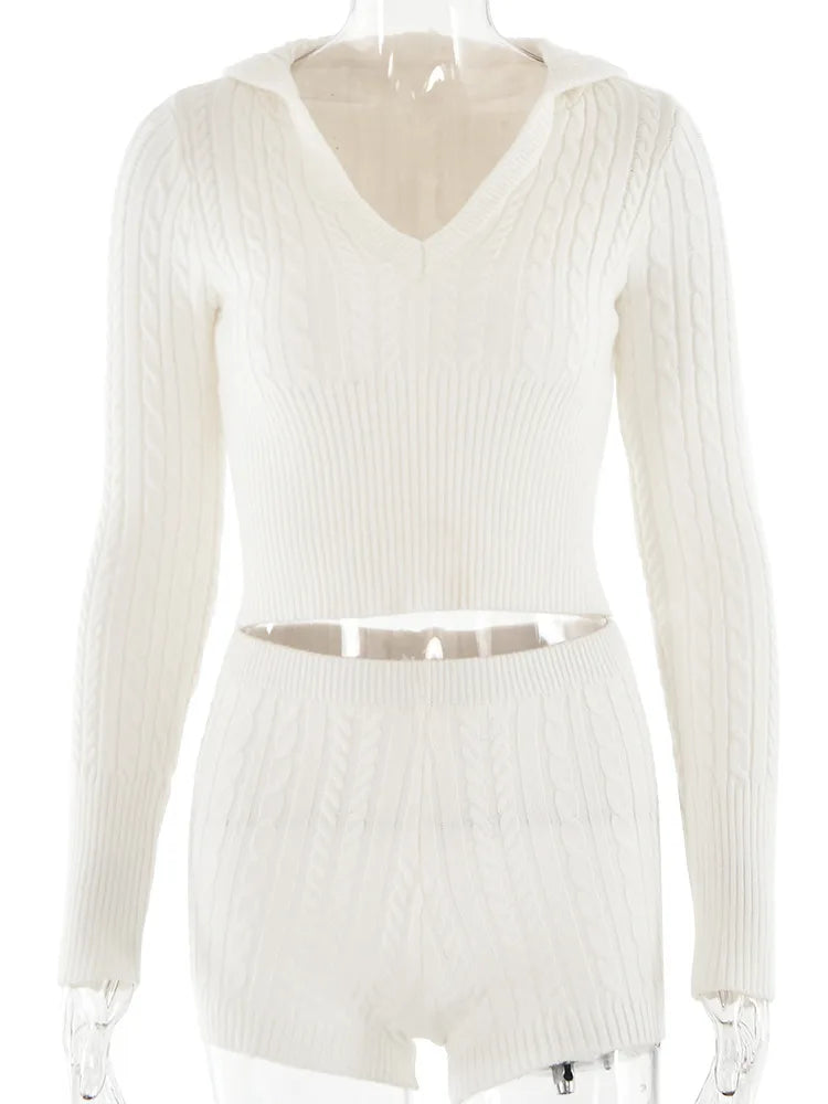 Long Sleeve Knitted V-Neck Hooded Sweater And Shorts Set