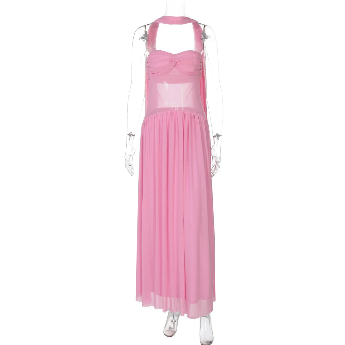 Pink Strapless Mesh Pachwork Long Scarf Maxi Dress