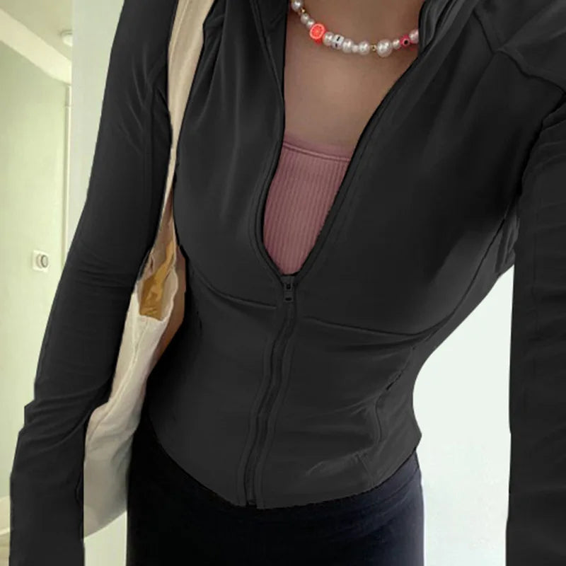 Solid Zipper Hoodie Sports Yoga Top