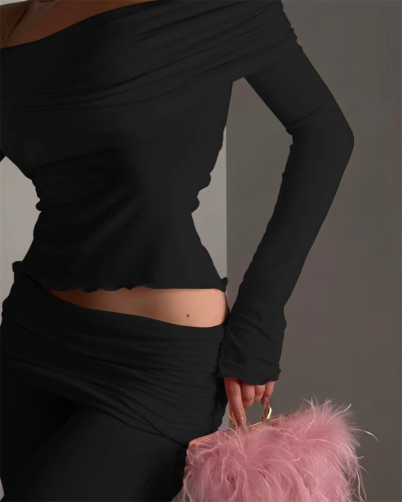 Long Sleeve Off-Shoulder Top And Ruched Pants Set