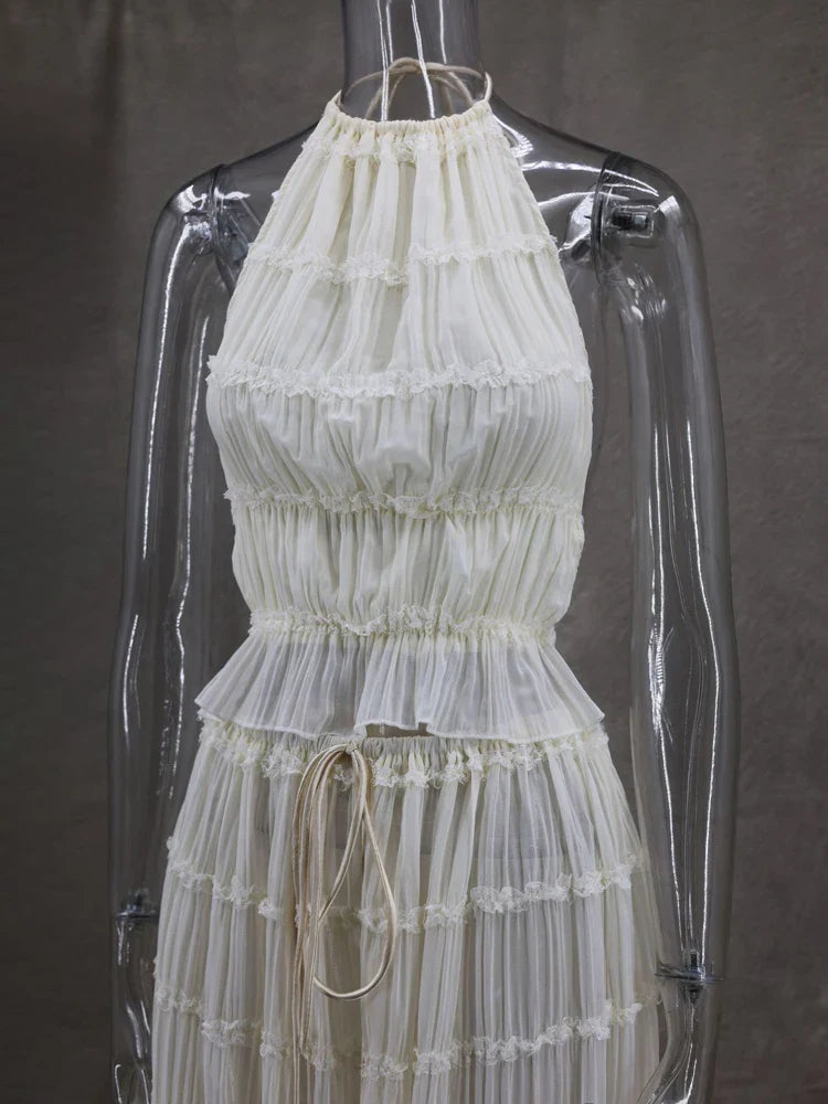 Halterneck Ruched Open Back Tie Up Top And Maxi Skirt Set