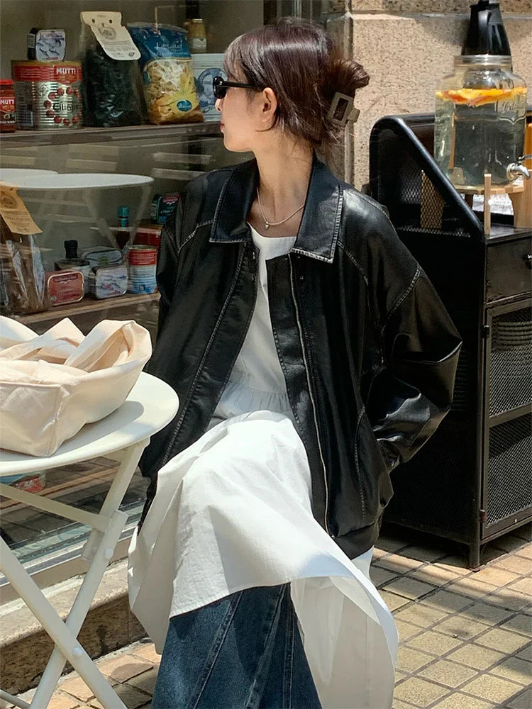 Faux Leather Zipper Over-shirt Jacket