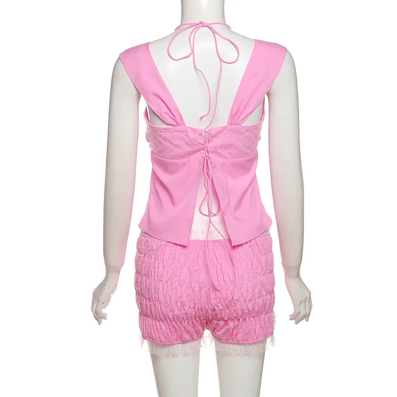 Sheer Top And Ruffles Shorts Set