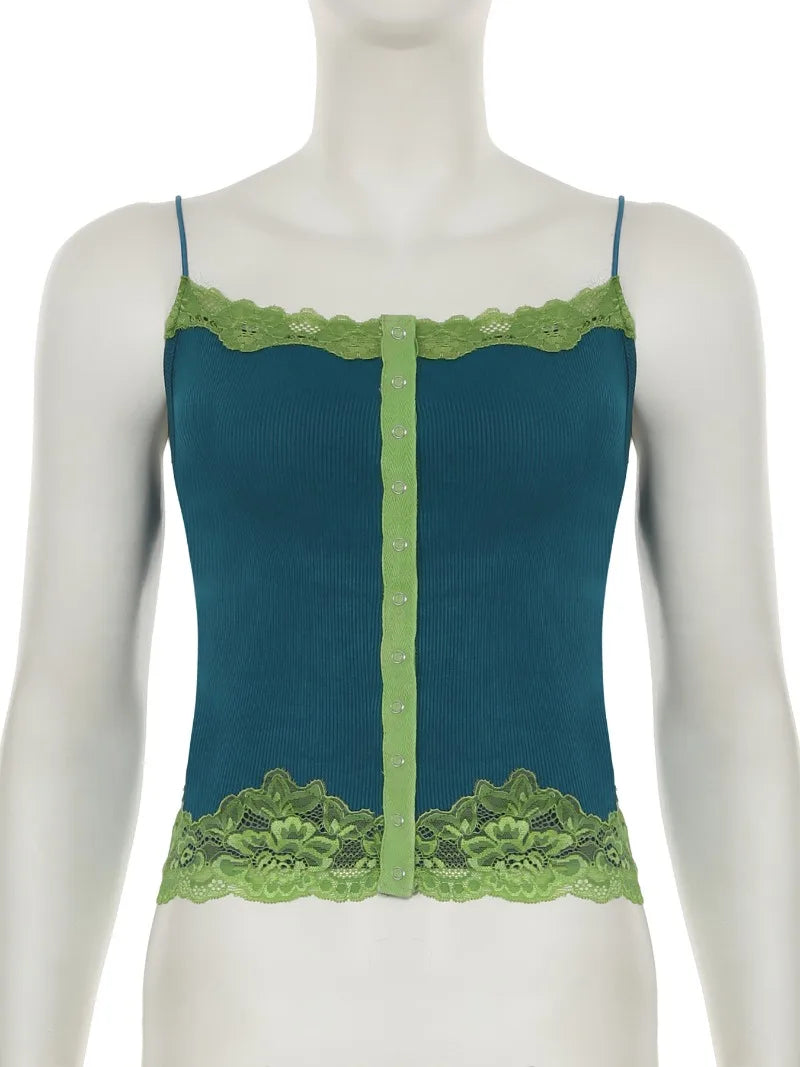 Blue Button Up Lace Trim Spaghetti Strap Crop Top
