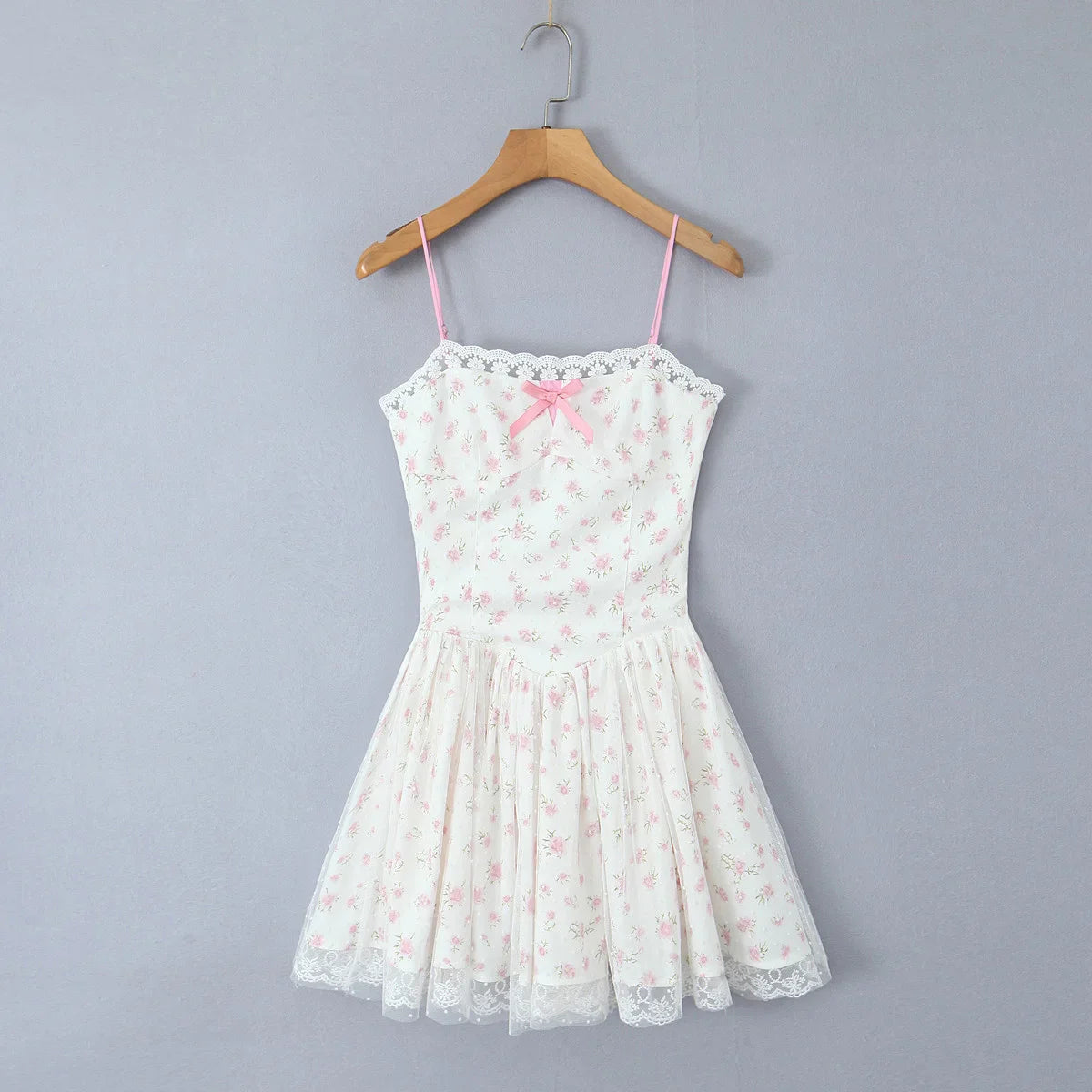 White With Pink Flower Mesh Bow Strappy Mini Dress